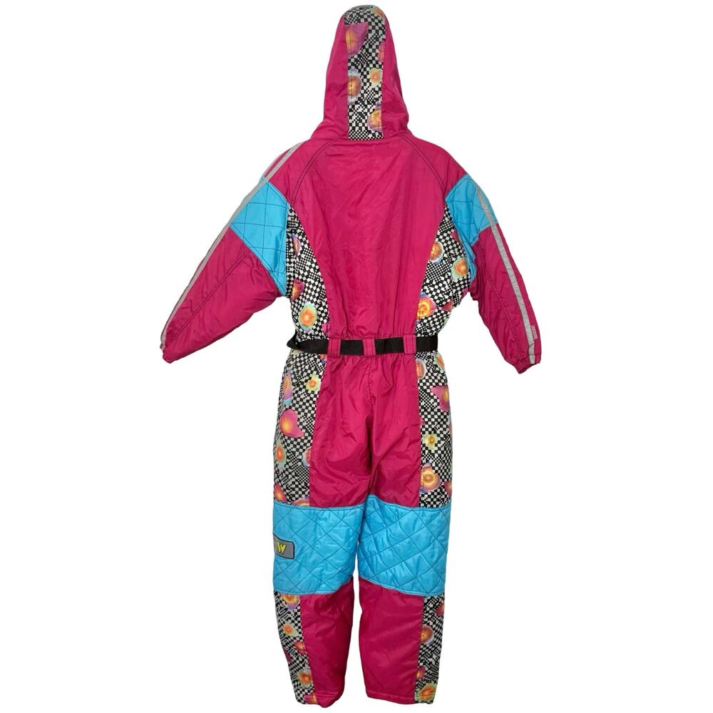 Vintage 90s Blue Pink Checkerboard Hooded Ski Suit One Piece Size S *GOOD* - Picture 8 of 16